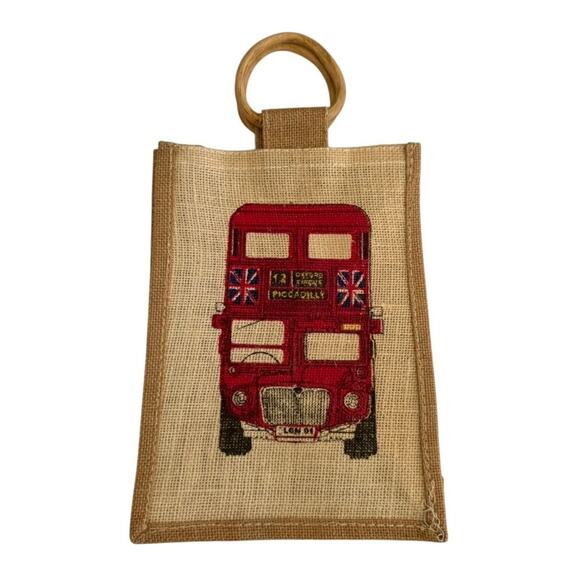 London Double Decker Bus Burlap Mini Bag in Beige - Picture 1 of 3